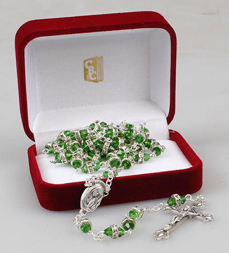 Glass Rosary/Green with Crystal Ring (6315/GREEN)